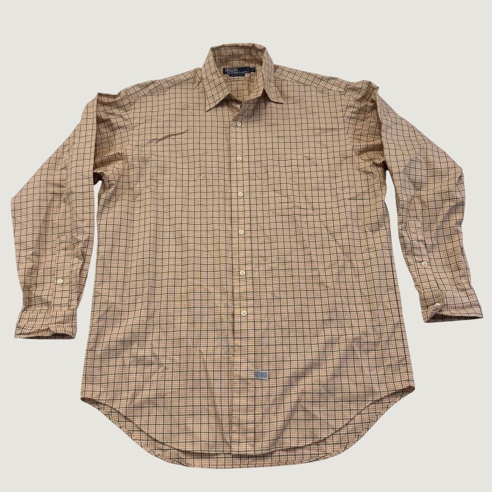 Polo Ralph Lauren Mens Medium Tan Plaid 100%Cotton Long Sleeve Button Down Shirt